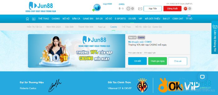Khuyến mãi casino Jun88 thưởng 10% nạp mỗi ngày